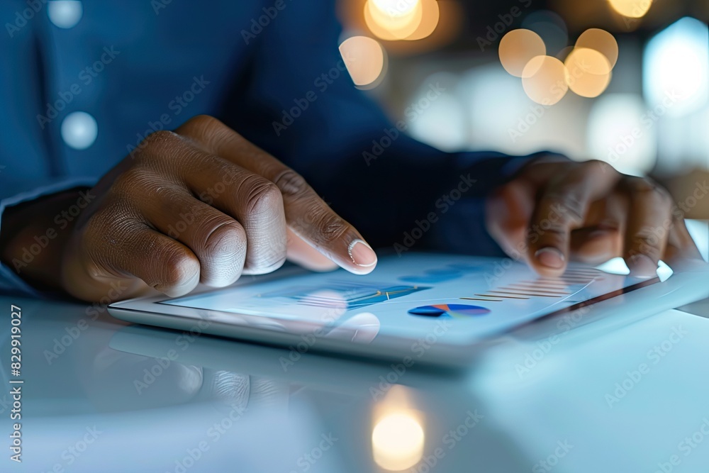 Poster a man in a suit using a laptop computer, business consultants analyzing financial reports