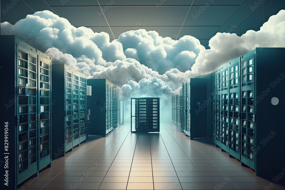 Leinwandbilder a room with rows of servers and clouds, a cloud storage service for seamless data access