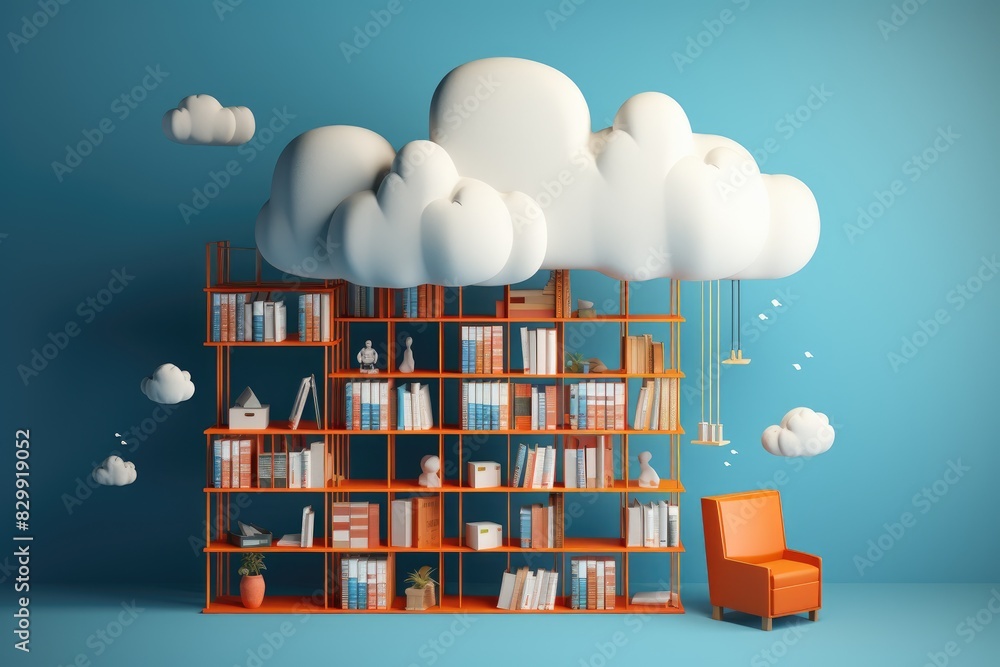 Poster a room with rows of servers and clouds, a cloud storage service for seamless data access