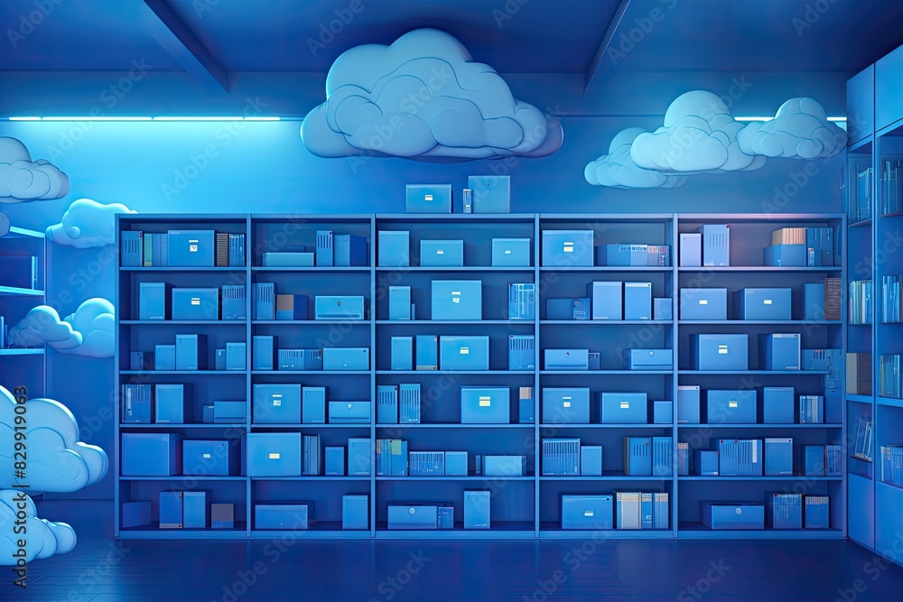 Poster a room with rows of servers and clouds, a cloud storage service for seamless data access