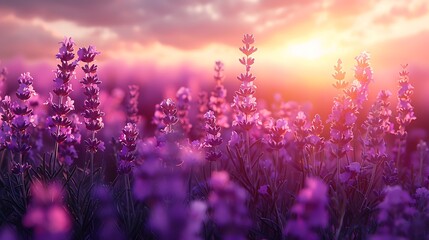 Naklejka premium Serene watercolor wash of a lavender field at sunrise, gentle strokes, gradient purples blending with soft yellows, dreamy and serene, delicate lavender flowers, light and airy, peaceful ambiance.