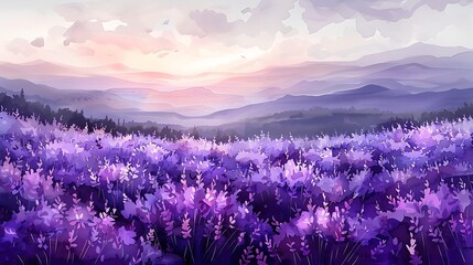 Fototapeta premium Serene watercolor wash of a lavender field, gentle strokes, gradient of purples, soft and dreamy atmosphere, delicate blooms, light and airy, misty horizon, tranquil and peaceful, ethereal quality.