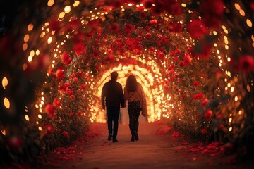 a couple walking through a tunnel of lights, A candid shot of a couple walking hand in hand