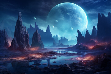 alien planet with unusual terrain features such as  bioluminescent flora