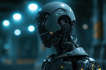 a robot with glowing eyes and a head, A cyborg with enhanced abilities, blurring the lines between human and machine