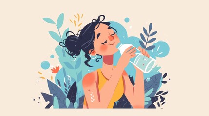 A cartoon showcasing a robust lady happily hydrating with crisp fresh water from a clear bottle to promote a message of wellness weight loss and embracing a healthy lifestyle in healthcare