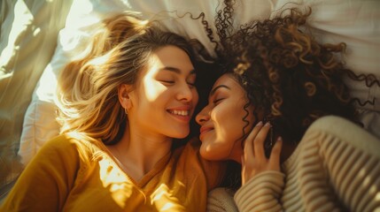 Happy lesbian couple bonding in bed. Smile, romance, and youthful biracial lgbtq ladies with tenderness in modern apartment or home bedroom.