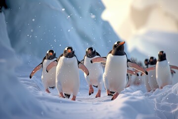 a group of penguins walking in the snow, A delightful scene of penguins waddling together