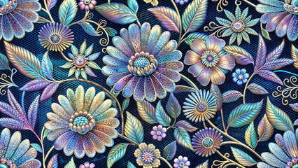 Intricate metallic iridescent floral embroidery pattern on dark background. Perfect for textiles, wallpapers and decorative designs. Generative ai