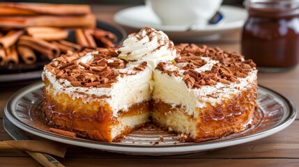 Delicious creamy cake with whipped topping and shaved chocolate on a plate, perfect for desserts and special occasions.