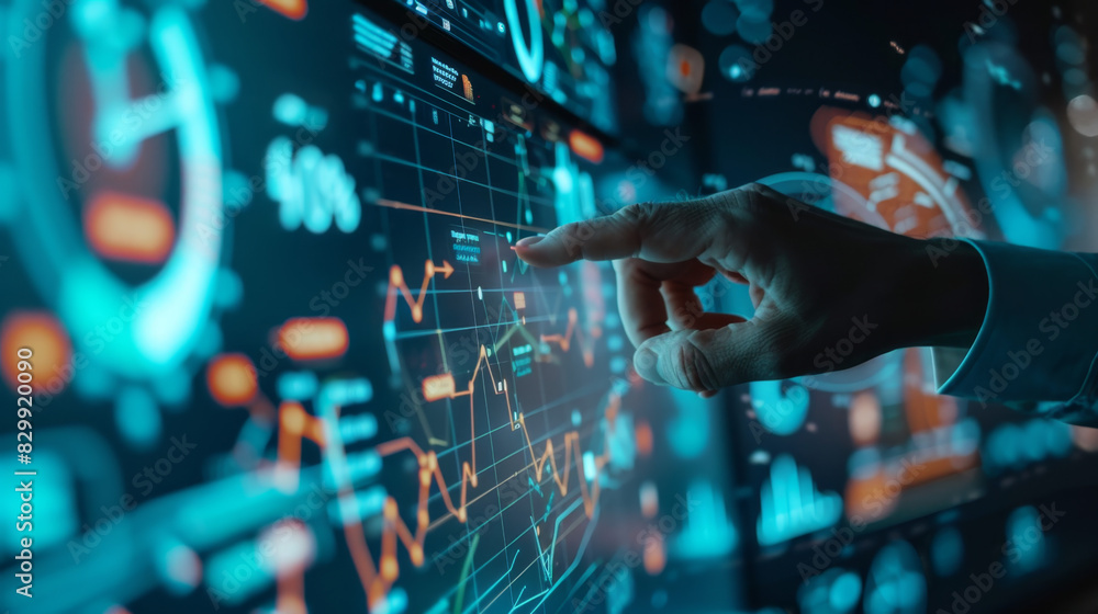Poster close-up of a hand interacting with a digital financial dashboard, displaying various charts and dat