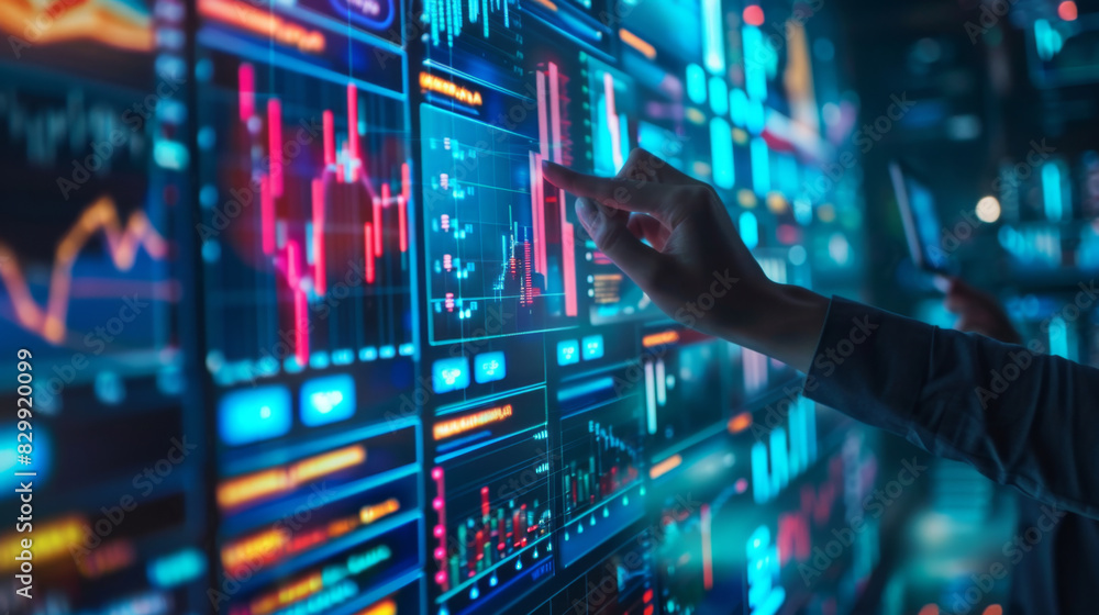 Poster close-up of a hand interacting with financial data charts on a large digital screen, displaying vari