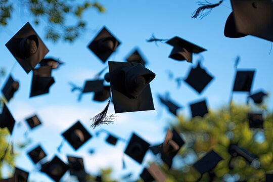 a group of graduates tossing their caps in the air, A depiction of graduation hats being thrown in the air symbolizing successful completion of education