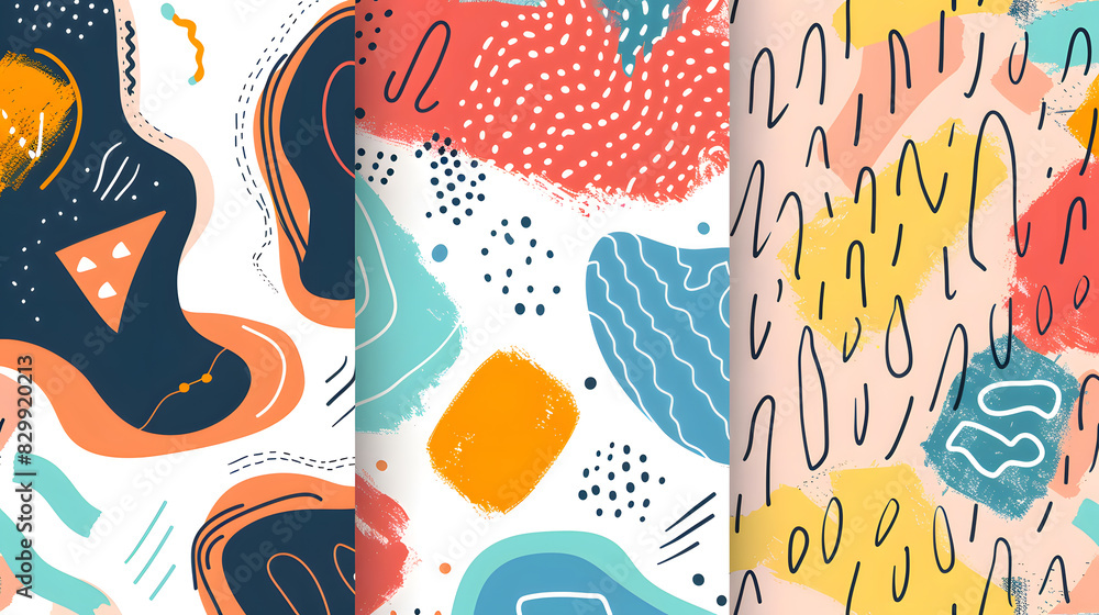 Poster colorful line doodle seamless pattern set. creative minimalist style art background collection, tren