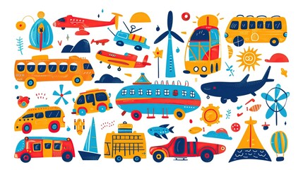 Colorful transportation doodle elements, including airplanes, buses, and cars, against the backdrop of the city skyline on a white background
