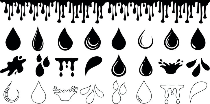 Black water and oil drop vector set, droplet, splash, drip icons set. Ideal for design, eco projects, apps, websites, and nature themed elements