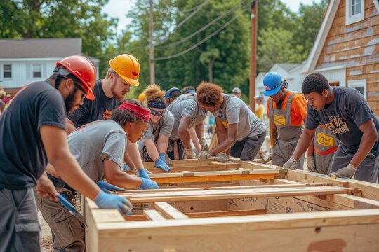 a group of men working on a wooden structure, A diverse group of volunteers cleaning up a community park