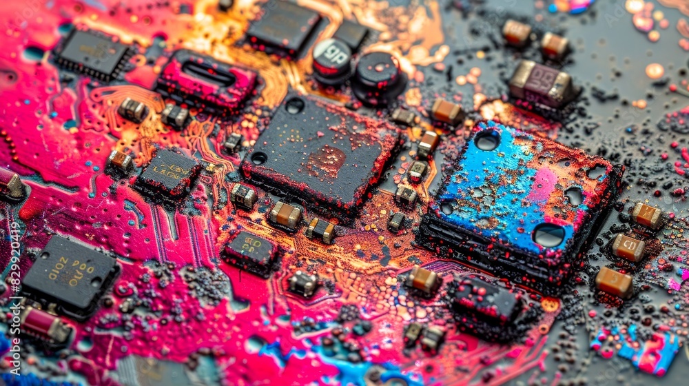 Poster the image shows a close-up of a computer circuit board. the board is covered in colorful epoxy resin