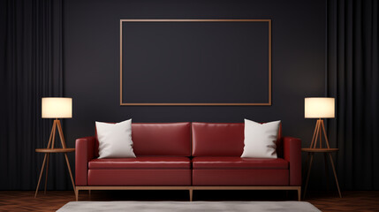 living room red sofa with white pillows sits in front of a black wall mockup