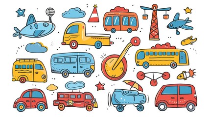 Colorful transportation doodle elements, including airplanes, buses, and cars, against the backdrop of the city skyline on a white background