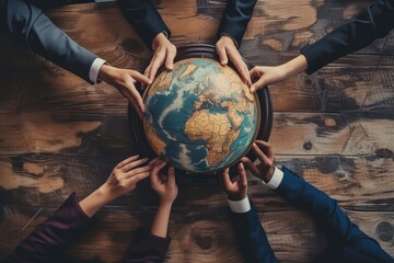 a group of miniature people standing around a globe, A diverse group of employees collaborating on a project