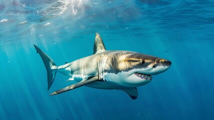 Fototapeta premium majestic great white shark swimming in crystal clear blue waters powerful underwater wildlife portrait