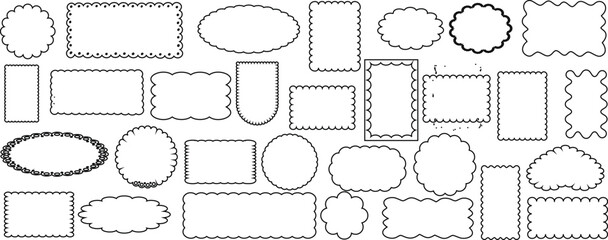 Scallop frame collection, diverse shapes, sizes, decorative borders, ideal for graphic design, invitations. Rectangle, oval, circle, cloud shaped, edge patterned frames