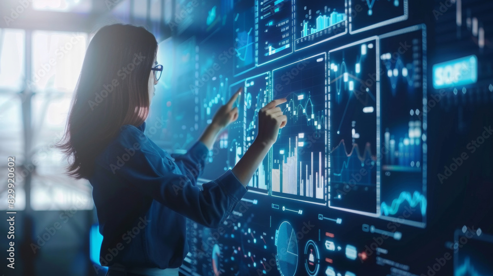 Poster a woman analyzing complex data visualizations on an interactive screen, highlighting various charts 