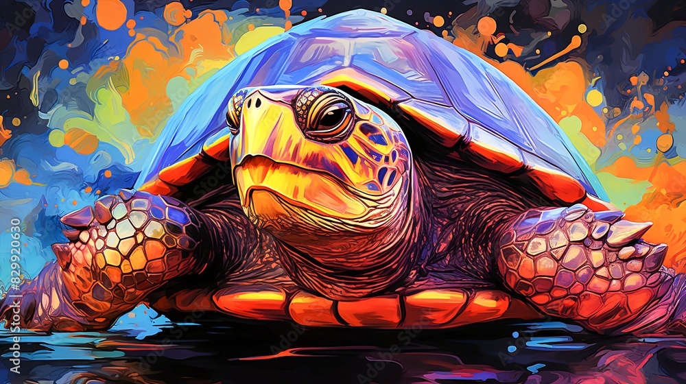Poster vibrant digital illustration of a colorful turtle in abstract style with bright splashes of paint in