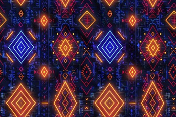 Neon outline on dark ikat, tribal patterns highlighted with neon, nighttime urban vibe