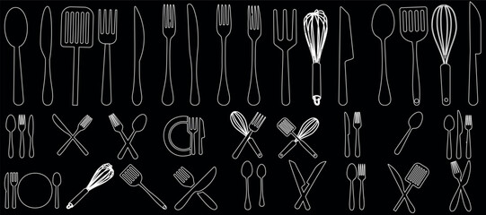 Kitchen utensils line art vector. Cutlery icon outline set, Includes forks, spoons, knives, whisker. Perfect for kitchenware, dining, and cooking related content