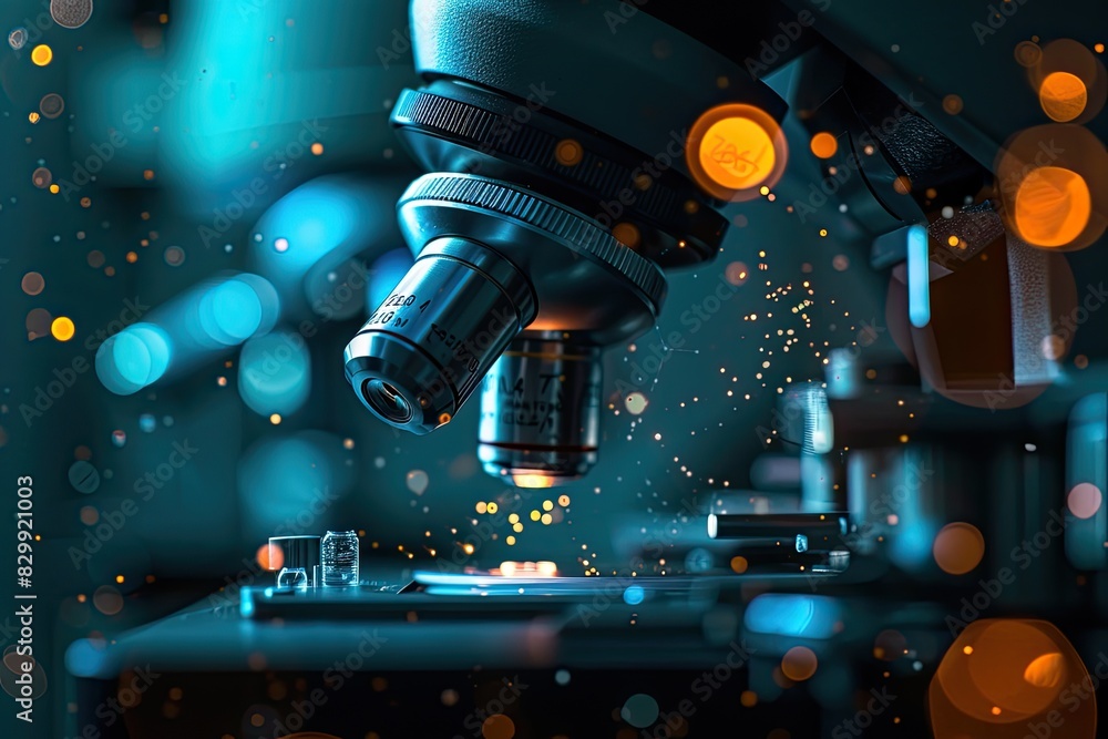 Aufkleber a microscope with a blue background and a blurry image of a microscope, A futuristic microscope capturing nanoscale structures
