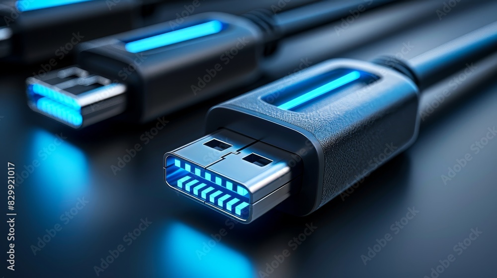 Poster close-up of modern high-speed data cables with illuminated connectors on a dark background, showcasi