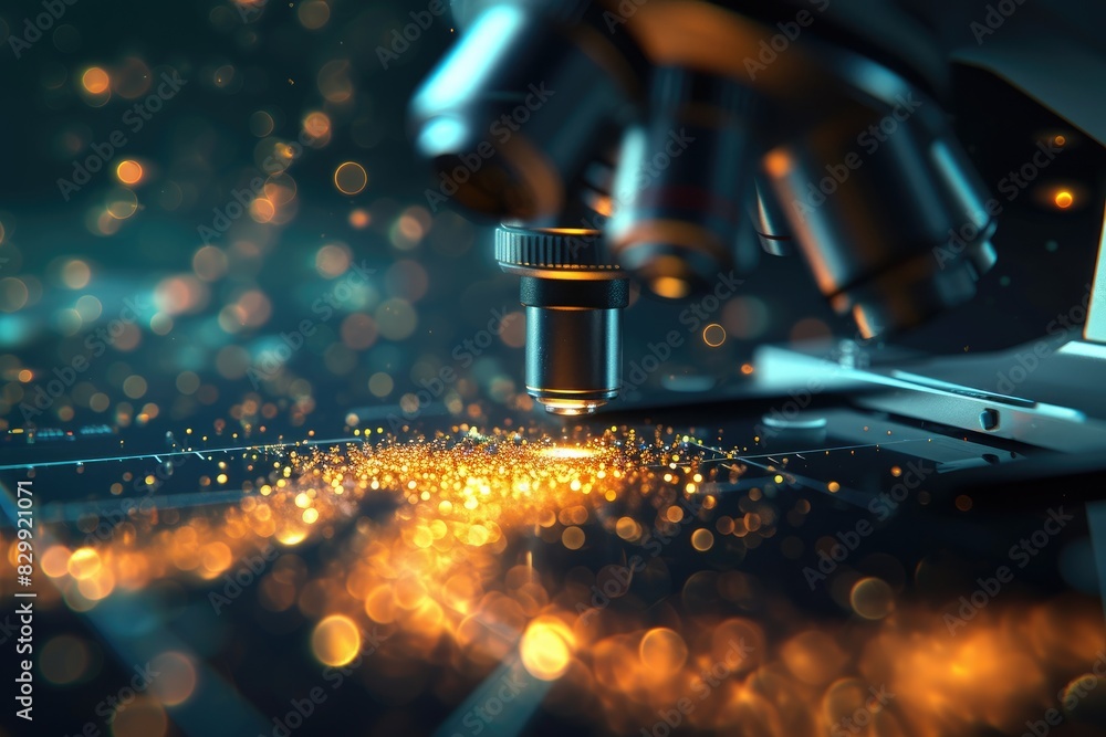 Poster a microscope with a blue background and a blurry image of a microscope, A futuristic microscope capturing nanoscale structures