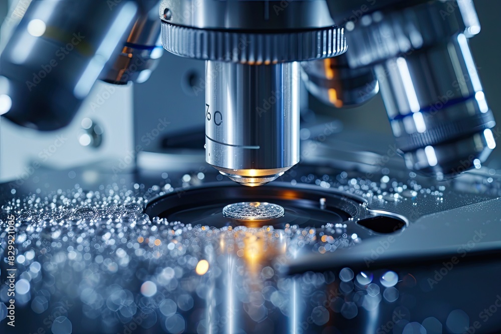 Aufkleber a microscope with a blue background and a blurry image of a microscope, A futuristic microscope capturing nanoscale structures