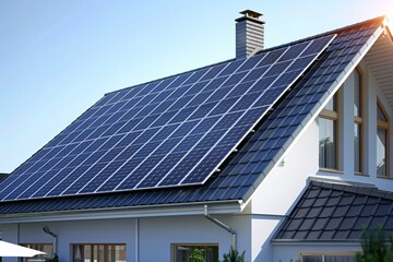 Fototapeta premium Innovative Energy. Solar energy systems, transition to renewable energy sources. Residential house with solar panel rooftop