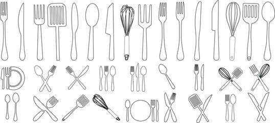 Kitchen utensils vector illustration, cutlery line art set. Includes spoon, fork, knife, spatula, whisk, ladle, tongs, peeler. Perfect for kitchenware and flatware collection