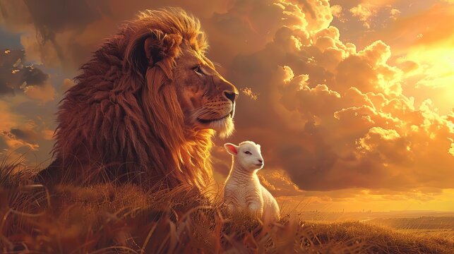 majestic lion and lamb in harmony vibrant sunset sky concept art digital painting