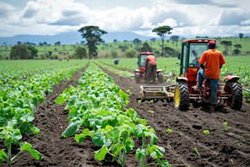a farmer is plowing a field with a tractor, Agricultural workers using modern equipment to plant crops