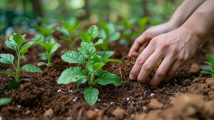 A gardener's hands spreading mulch around plants, helping to retain moisture in the soil. Minimal and Simple style