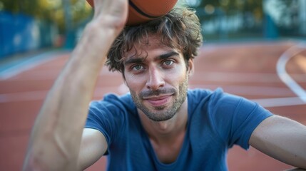 Basketball player and court selfie for social networking, fitness blog, or training match vlog. Mexican athlete with ball for fitness, workout, and sports photography in games.