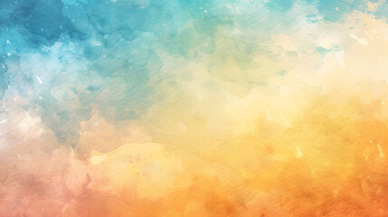 Colorful watercolor background of abstract sunset sky with paint blotches and soft blurred texture in blue green yellow beige and orange gradient background. Generative AI.