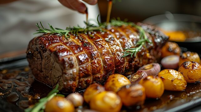 A chef's hands basting a roast with juices, keeping it moist and flavorful during cooking. Minimal and Simple style