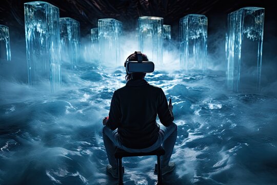 a man wearing a virtual reality headset, 3 A holographic virtual reality experience for immersive gaming