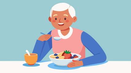 A senior citizen enjoying a hearty bowl of oatmeal topped with fresh berries seeds and honey demonstrating that healthy eating habits can be maintained at any age.. Vector illustration