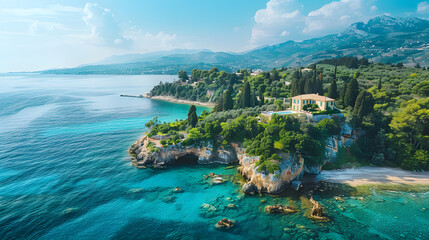 A photo featuring the idyllic island of Corfu captured from an aerial perspective with a drone. Highlighting the lush landscapes and charming coastal villages, while surrounded by the clear blue water