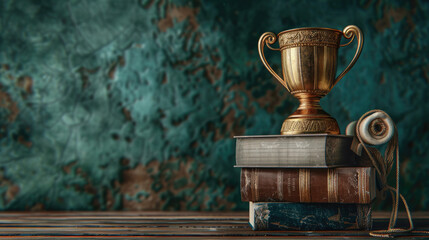Detailed 3D render of a gold trophy, books, and diploma represents the reward for academic achievement and excellence with vibrant colors.