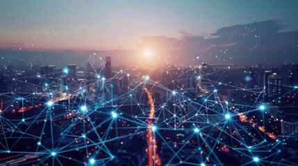 City lights connected by blue lines.