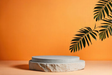 Realistic photographer orange background podium for products presentation.