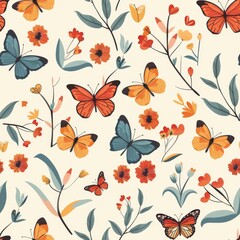 Autumn Butterflies and Flowers Seamless Pattern